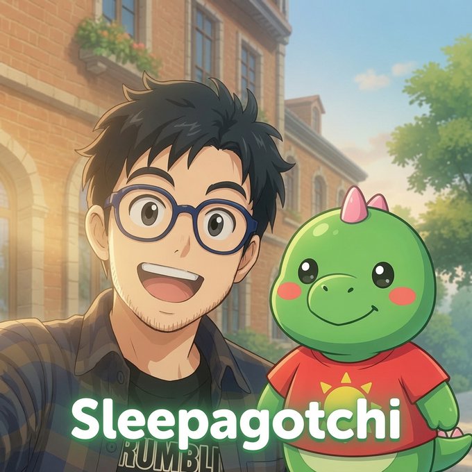 An animated-style illustration shows a smiling man with glasses next to a green dinosaur-like mascot wearing a red shirt, with the text 'Sleepagotchi' displayed prominently.