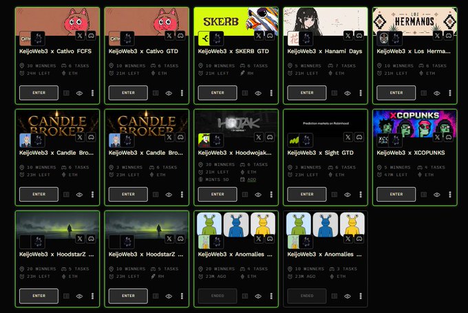 A grid of 14 NFT task cards displays various collection collaborations with KeijoWeb3, including Cativo FCFS, SKERB GTD, Hanami Days, Los Hermanos, Candle Brothers, Hoodstarz, Sight, XCOPUNKS, and Anomalies, showing winner counts and time remaining. The Turkish caption translates to "He is the master of this business @Cryptoorro Don't forget to follow and participate in the giveaways," promoting an NFT giveaway platform featuring these task-based opportunities.