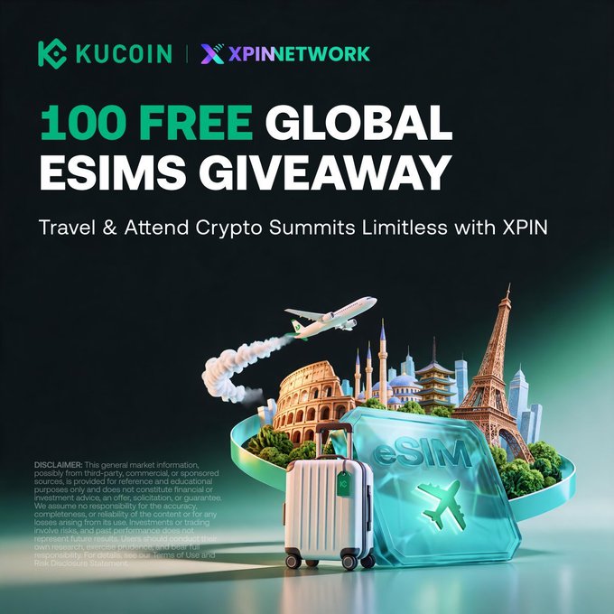 A promotional poster for a '100 FREE GLOBAL ESIMS GIVEAWAY' by KuCoin and XPIN Network, featuring 3D graphics of landmarks and an airplane.