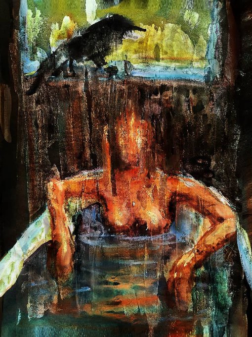 This abstract painting depicts a seated human figure in warm orange tones below a black crow perched on a ledge. The artwork represents a sold edition of the series "The Crow Came, Carrying News."
