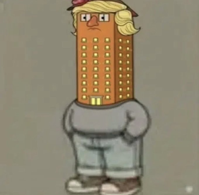 A cartoon illustration of a character with a brick building for a head, wearing a red cap and gray clothing, standing against a plain background.