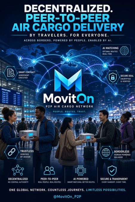 Advertisement for 'MovitOn', a decentralized peer-to-peer air cargo network, featuring the tagline 'PEOPLE. ROUTES. TRUST.' and '@MovitOn_P2P'.