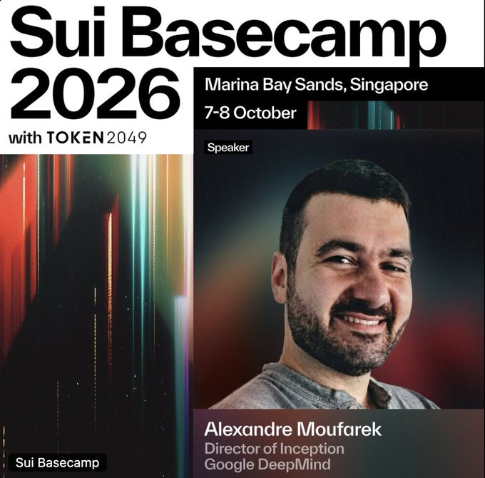 A promotional graphic for Sui Basecamp 2026 conference at Marina Bay Sands, Singapore on 7-8 October, featuring speaker Alexandre Moufarek, Director of Inception at Google DeepMind.