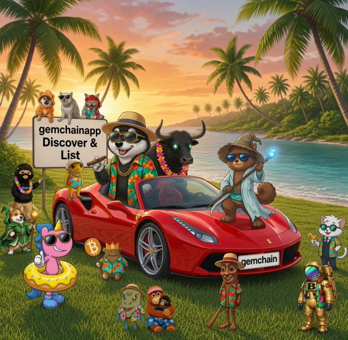 A colorful, cartoonish beach scene featuring various anthropomorphic animals (cats, dogs, monkeys) in tropical attire around a red convertible. A sign reads 'gemchainapp Discover & List' and a license plate says 'gemchain'.