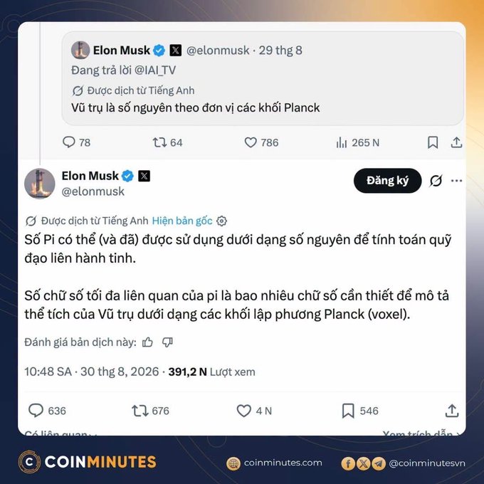 Vietnamese-language posts attributed to Elon Musk explain that pi can represent the integer part of a quantity of universes, with the amount related to the digits needed to describe the universe in Planck-sized cubic units. The posts are credited to CoinMinutes.