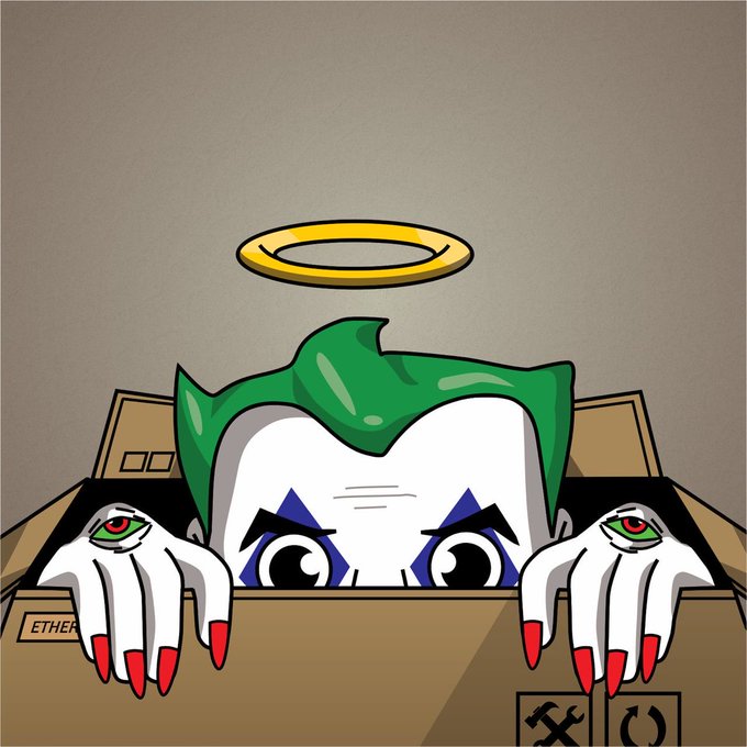 The image features a cartoon character with green hair wearing red nail polish and fake teeth, peeking out from behind a cardboard box. The character has two eyes and one nose, giving them a unique appearance. The background of the image is a light brown color, providing a contrast to the vibrant colors of the character's outfit. The post includes text that reads "I'm giving away 5 GTD Spots for @OutTheBox_HQ To enter: Follow @Crypto_Yapp & @Team7hub & @OutTheBox_HQ Turn on both notification Ends in 24 hours, Good luck".