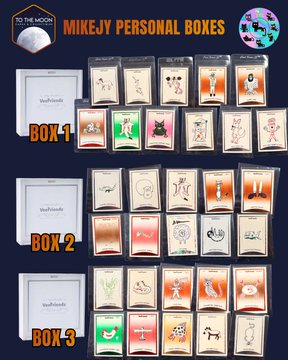 An advertisement displaying three sets of 'MIKEJY PERSONAL BOXES' labeled BOX 1, BOX 2, and BOX 3, each containing multiple cards with various drawings.