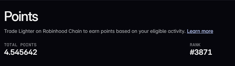 A dark digital interface screen displaying the title 'Points' with text reading 'Trade Lighter on Robinhood Chain to earn points based on your eligible activity,' showing a total of 4.545642 points and a rank of #3871.