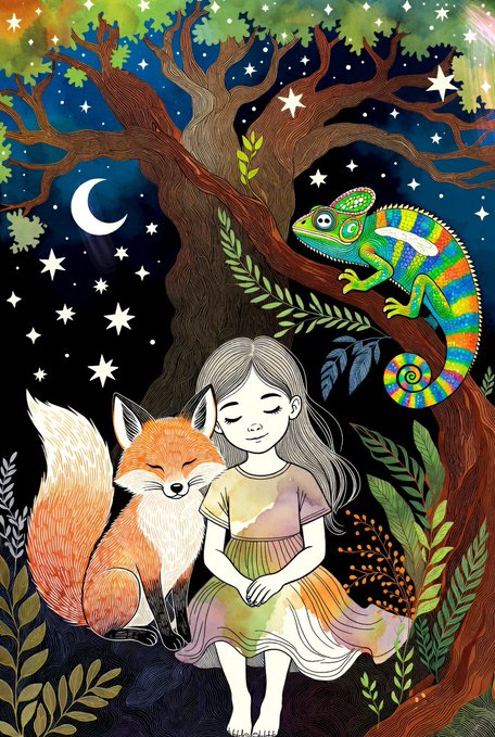 An illustrated scene of a peaceful girl sitting beneath a tree at night with a fox curled beside her and a colorful chameleon perched on a branch.