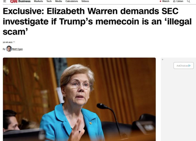 A CNN Business article headline reads 'Exclusive: Elizabeth Warren demands SEC investigate if Trump's memecoin is an illegal scam,' accompanied by a photo of Warren speaking at a hearing.