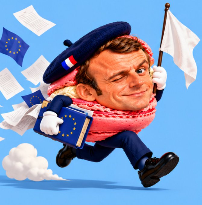 A caricature of Macron wearing a French beret and red scarf runs while carrying a white flag and EU-themed folder, with floating papers and a EU flag in the background—visually poking fun at the post's claim that "white flag is France's specialty" tied to a memecoin launch.