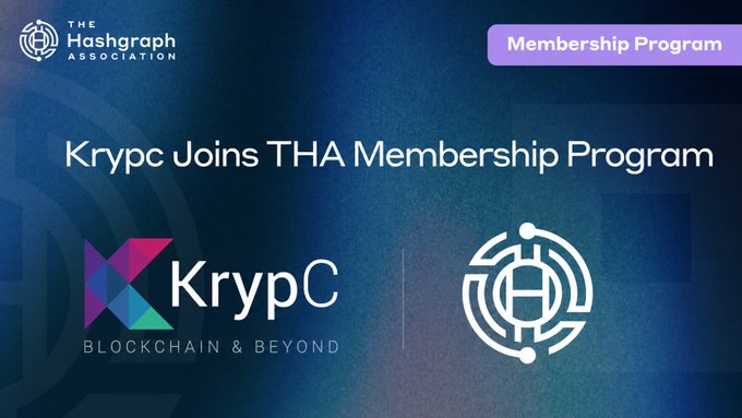 The image is a promotional announcement graphic featuring the logos of KrypC and The Hashgraph Association side by side on a blue gradient background, with the headline "Krypc Joins THA Membership Program" and a "Membership Program" tag in the upper right corner, visually announcing KrypC's new partnership with The Hashgraph Association as described in the accompanying post.