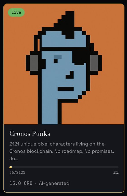 The image features a postcard-style card with an illustration of a character wearing headphones and sunglasses. The text on the card reads "Cronos Punks" and provides information about the character, including that they are unique pixel characters living on the Cronos Blockchain and have no promises or commitments. The postcard also mentions that the character is launching soon and has already been minted with a CRO account.