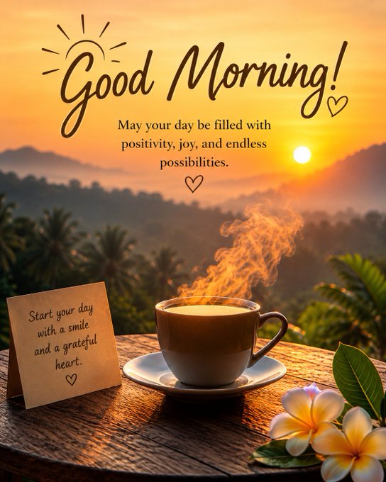 The image features a wooden table with a cup of coffee, flowers, and a note that reads "Good morning X Family! May your day be filled with positivity, joy, and endless possibilities". The background shows a beautiful sunset over mountains, creating a serene atmosphere for the scene.

The post is about sharing good news or positive messages related to mornings, such as starting a day with a smile, gratitude, and coffee. It encourages users to share their own experiences of positivity in the morning by replying to the image with "Good morning X Family! May your day be filled with positivity, joy, and endless possibilities". The post also includes a link to a website for Nomisma Network, which is likely used to share or promote such messages.