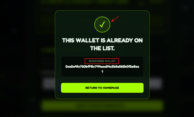 A pop-up notification shows a green checkmark confirming "THIS WALLET IS ALREADY ON THE LIST" for the registered wallet address "0xa5c4fa720bf15c744eee54a3b8e566b0f2e8ea1," with a "RETURN TO HOMEPAGE" button below. The image illustrates the completion of the registration step required to claim the 49,712 CHOMP token allocation from the Chomponhood Robinhood Chain distribution.