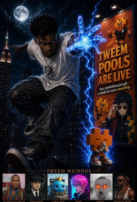 A promotional graphic featuring a comic-book style man projecting blue energy from his hand next to text reading 'TWEEM POOLS ARE LIVE - Your predictions just got a whole lot more rewarding,' with a 'TWEEM WEIRDOS' character lineup at the bottom including 'DUMBOZUNGUN', 'SANTORINI', 'LOROCHEE', 'SIEAT', 'VIBEN', and 'THEBUTCHERY'.