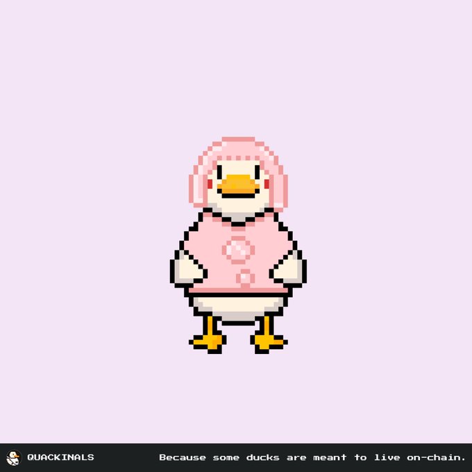 A pixel art character resembling a pink hooded duck-bird on a light purple background, with a caption reading "QUACKINALS — Because some ducks are meant to live on-chain."