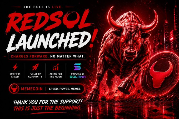 A promotional graphic announces the launch of "REDSOL" with bold red text declaring "THE BULL IS LIVE" and "LAUNCHED!" alongside a powerful charging bull illustration against a city skyline backdrop. The image highlights key features—Built for Speed, Fueled by Community, Aiming for the Moon, and Powered by Solana—visually reinforcing the post's announcement of the $REDBULL memecoin launch on the Solana blockchain with its contract address qibqPyYYDGaFArpu6YCSDtrTeNgxSKcPcFmQZ9fpump.