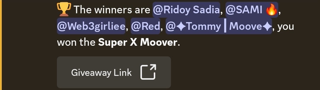 A tweet announcing winners of a "Super X Moover" giveaway, tagging @Ridoy Sadia, @SAMI🔥, @Web3girliee, @Red, @✦Tommy | Moove✦, and the poster, with a "Giveaway Link" button. The post expresses gratitude to @moovexyz for rewarding active community members in the community draw.