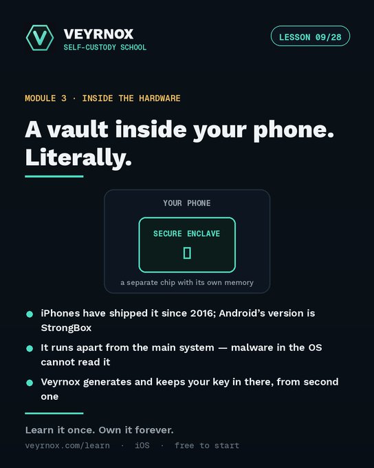 A VEYRNOX Self-Custody School lesson card (Lesson 09/28) titled 'A vault inside your phone. Literally.' explaining how Secure Enclaves work in iPhones (since 2016) and Android's StrongBox, noting that Veyrnox generates and stores keys there.