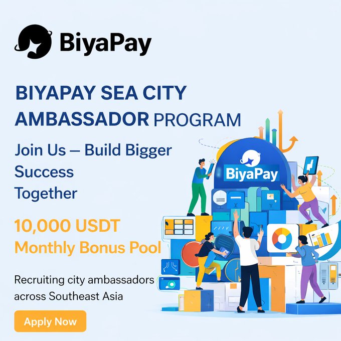 Promotional image for the BiyaPay SEA City Ambassador Program, featuring the BiyaPay logo and an illustration of diverse people collaborating around digital devices and charts, highlighting the 10,000 USDT monthly bonus pool and a call to action to recruit city ambassadors across Southeast Asia, which aligns with the post's announcement about expanding across the region and seeking passionate community builders.