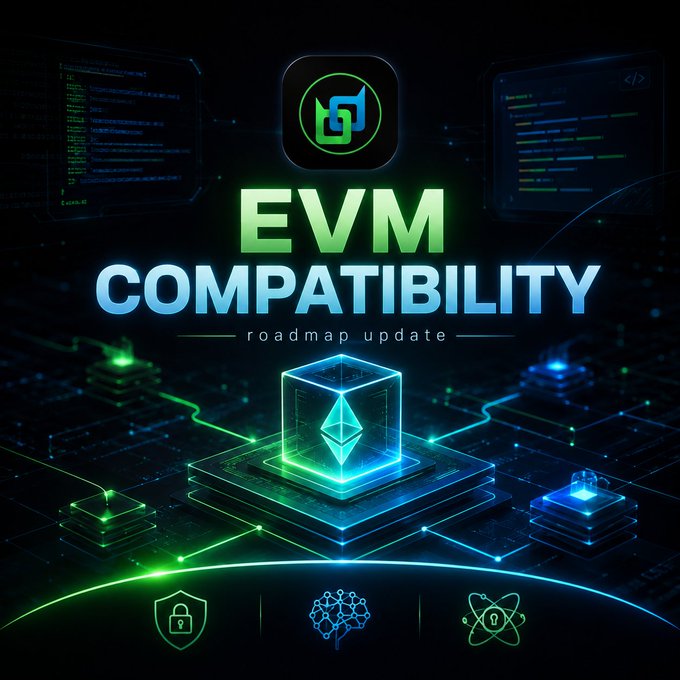 A promotional graphic titled 'EVM COMPATIBILITY roadmap update' featuring blockchain technology imagery with an Ethereum logo in a glowing cube and icons for security, AI, and networking.