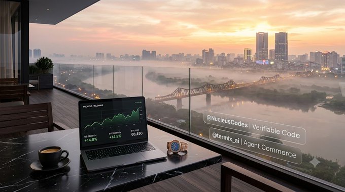A scenic view from a balcony at sunset overlooks a river, bridge, and city skyline, with a laptop on a marble table displaying a trading chart (NUCLEUS HOLDINGS, ACTIVITY 68,450) and tags '@NucleusCodes | Verifiable Code' and '@termix_ai | Agent Commerce'.