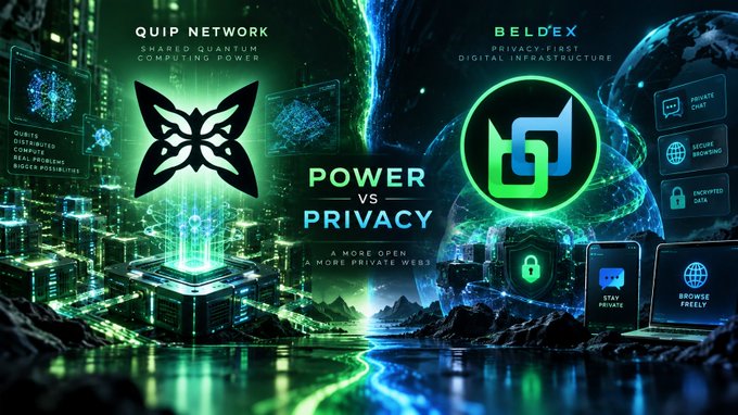 The image contrasts "QUIP NETWORK - Shared Quantum Computing Power" with "BELDEX - Privacy-First Digital Infrastructure" in a "POWER VS PRIVACY" face-off, asking "A More Open or A More Private Web?" with a digital cityscape and floating icons highlighting features like encrypted chat, browsing, and data. It visually reinforces the Vietnamese caption's theme of Quip Network's shared quantum computing power versus the privacy-first ethos of Beldex, framing the debate between open computational collaboration and individual data protection.