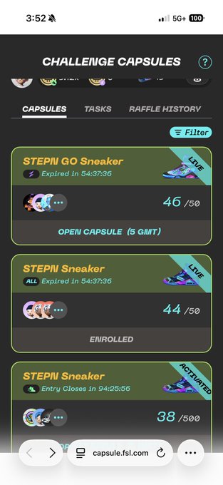 The image shows a phone screen displaying a list of items, including "Stepn Go Sneakers", "Open Cap Sgnt", and "Enrolled". The text also mentions that the user has "38" points. This information suggests that the user may have completed a challenge or achieved a certain goal related to sneakers.