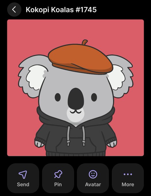 Mobile app screen showing a "Kokopi Koalas #1745" NFT—a cute cartoon koala wearing a black hoodie and brown beret on a pink background—with Send, Pin, Avatar, and More buttons.