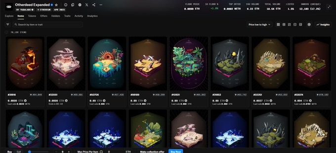 A screenshot of an NFT marketplace on OpenSea titled 'Otherdeed Expanded' displaying various voxel-style 3D land parcels for sale.