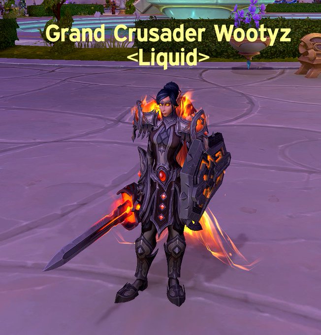 A World of Warcraft character titled "Grand Crusader Wootyz <Liquid>" in dark plate armor wielding a flaming sword and shield.