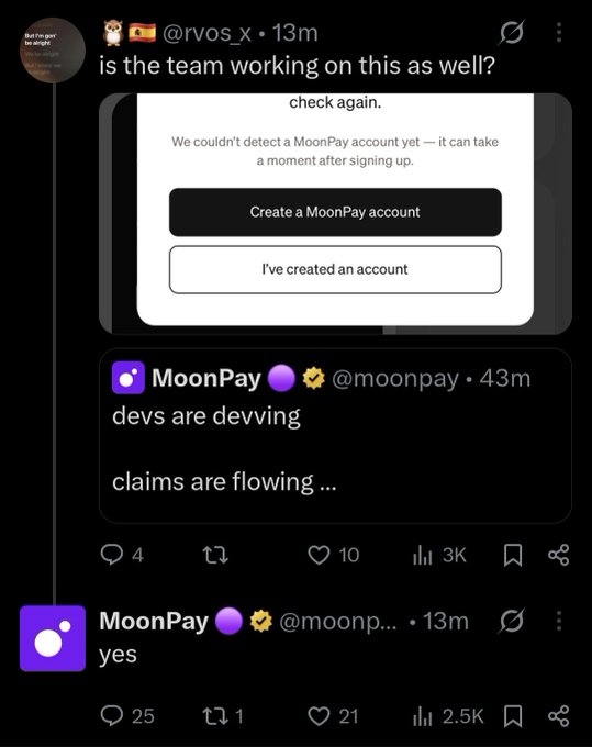 A screenshot of X (Twitter) posts where @rvos_x asks 'is the team working on this as well?', and @moonpay replies 'devs are devving, claims are flowing ...' then 'yes'.