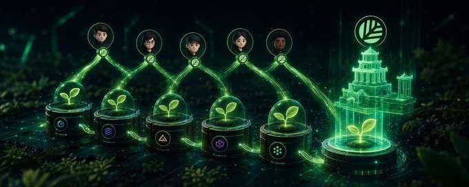 A stylized digital/AI graphic showing avatars connected by glowing green lines to plant pods beneath them, with a futuristic building and a globe icon on the right.