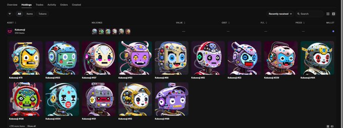 A dark-themed NFT marketplace interface displays the "Kokomoji" collection with 200 items, showing multiple colorful cartoon robot NFT thumbnails labeled "Kokomoji #F19" and similar, under the Holds tab where 29 items are visible, aligning with the post's mention of studying Kokomoji NFTs alongside agentic and x402.