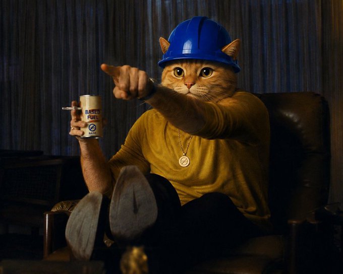 A cat in a blue hard hat and gold shirt relaxes in a chair, holding a mug labeled "BASED FUEL" and pointing forward with a confident air—reinforcing the "I can and you? $BASECAT" message by striking a bold, "based" pose.
