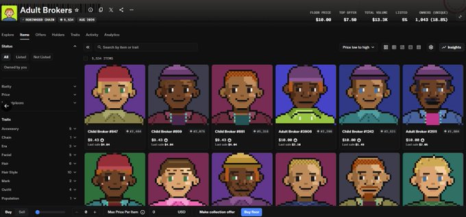 A screenshot of an NFT marketplace called 'Adult Brokers' displays a grid of pixel-art avatar NFTs with traits filters on the left, and prices and last sale values visible under each avatar.