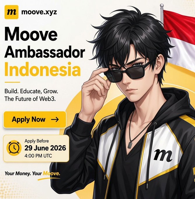 The image shows a man wearing sunglasses, a hoodie, and a necklace with a flag design. The background of the image displays text that reads "Official @moovexyz Digital Ambassador (Indonesia) is now LIVE This is a good opportunity for active Web3 users and community builders. Rewards: → Fixed USDC/Monthly → Early access to new features → Direct support from the Moove Team → Opportunities to grow your personal". The man in the image appears to be promoting an event or campaign related to web3, given his attire and the presence of a flag design on his hoodie.