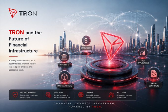 A promotional graphic for TRON titled 'TRON and the Future of Financial Infrastructure,' featuring the TRON logo and highlighting features like Stablecoins, Payments, DeFi Applications, Digital Assets, and Smart Contracts, with taglines emphasizing Decentralized, Efficient, Global, and Inclusive attributes.
