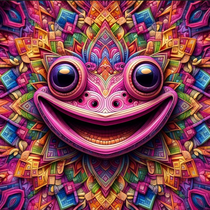 A vibrant, psychedelic digital artwork of a smiling frog-like face surrounded by an intricate, colorful mandala pattern in shades of pink, purple, orange, and green.