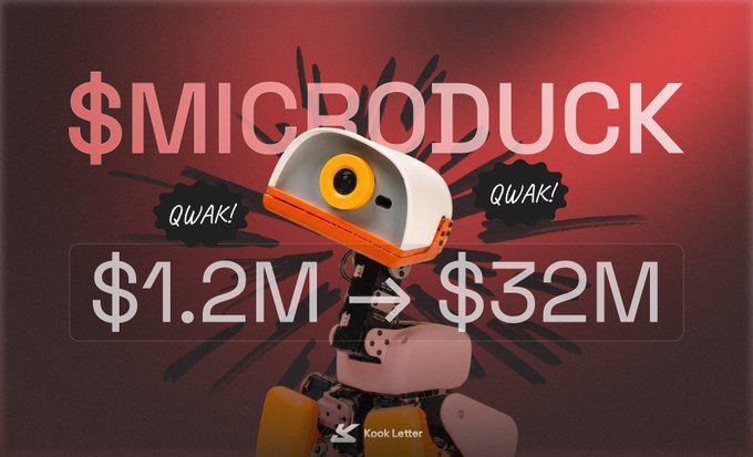 The promotional graphic features a stylized robot-duck character with "QUAK!" speech bubbles, advertising the "$MICRODUCK" token's growth from "$1.2M → $32M" market cap in a comic-book style banner. It visually reinforces the "its $Microduck season!!!" hype by highlighting the token's dramatic value increase.