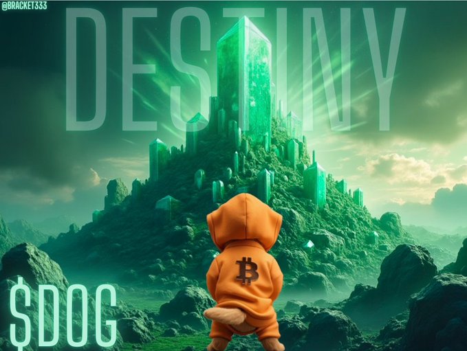 The image shows a small dog in an orange Bitcoin hoodie standing on a rocky landscape, gazing up at a glowing green crystalline structure atop a mountain, with the word "DESTINY" in large text behind it and the "$DOG" ticker in the bottom left corner. The scene visualizes the post's message by depicting the literal journey toward a predetermined, monumental goal — the $DOG community shaping its own future with the Bitcoin-hooded dog as its determined pioneer.