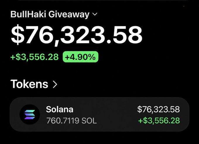 A digital wallet screenshot titled 'BullHaki Giveaway' showing a balance of $76,323.58 with a gain of +$3,556.28 (+4.90%), holding 760.7119 SOL on the Solana blockchain.