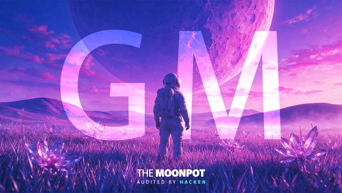 A promotional graphic for 'THE MOONPOT' cryptocurrency project featuring an astronaut standing before a large moon, audited by Hacken.
