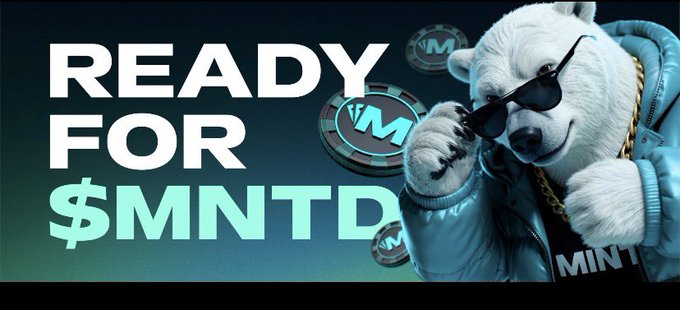 A promotional banner with 'READY FOR $MNTD' text alongside a polar bear character wearing sunglasses and a blue jacket, surrounded by '$M' coins.
