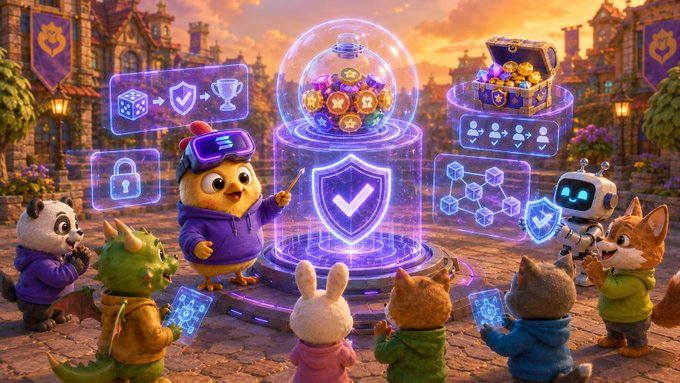 The image features a cartoon scene with several characters gathered around a large glass dome, which appears to be a treasure chest or a crystal ball. The characters include a bird, a dragon, and other animals such as a rabbit and a fox. They are all looking at something inside the dome, possibly a map or a key that will open the treasure chest. The image also includes text elements related to trust, security, and transparency in the context of blockchain technology.