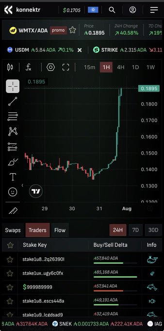 A cryptocurrency trading interface showing the WMTX/ADA trading pair with a price of 0.1895, displaying a candlestick chart and trader stake information including 'Stake Key' and 'Buy/Sell Delta' columns.