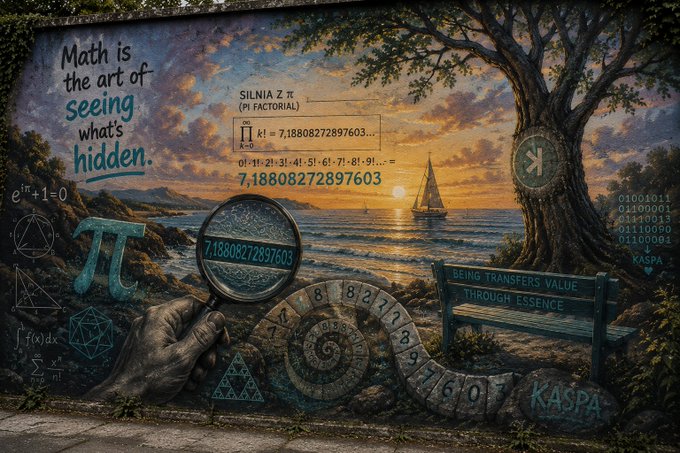 A colorful mural featuring pi (π) references, mathematical formulas, a golden spiral, binary code, and a bench labeled 'BEING TRANSFERS VALUE THROUGH ESSENCE' with 'KASPA' text.