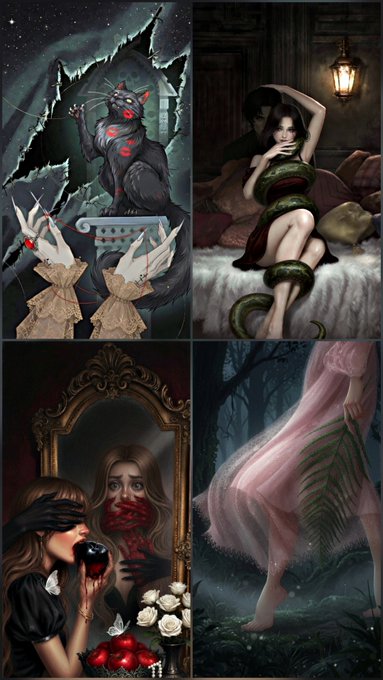 A dark fantasy four-panel illustration featuring a rat, a snake woman, a girl with a mirror, and a figure in a pink dress.
