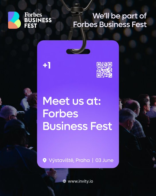 The image features a purple sign that says "Meet us at Forbes Business Fest" along with a QR code for a website, inviting people to attend the event. The text also mentions Bitcoin, which could be related to the theme of the event or an interesting fact about Bitcoin.